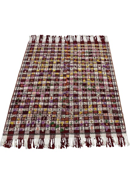 Antika El Dokuma Ekoseli Ender Boyutlu Işlemeli Sofra Tülü Yün Kilim 6248