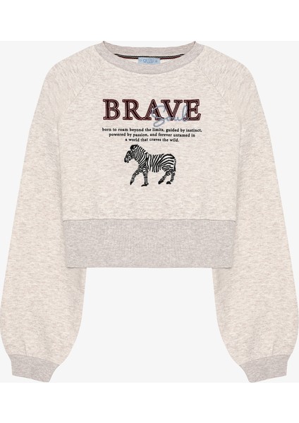 Zebra Nakışlı Sırtı Fermuarlı Sweatshirt Bej