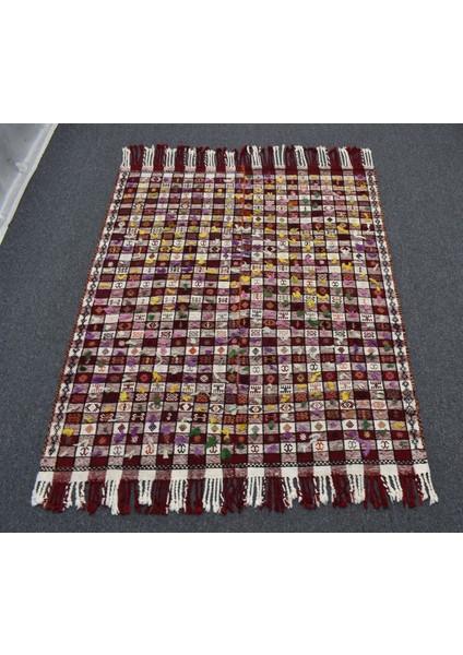 Antika El Dokuma Ekoseli Ender Boyutlu Işlemeli Sofra Tülü Yün Kilim 6248 modelleri