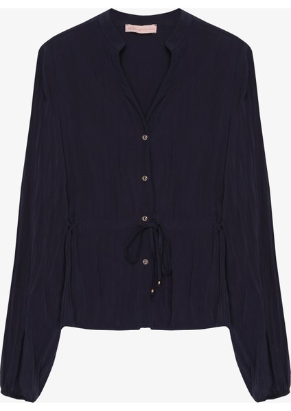 Buruşuk Dokulu Beli Bağcıklı Düğmeli Gömlek Lacivert