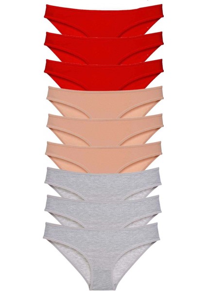 9 Adet Süper Eko Set Likralı Kadın Slip Külot Kırmızı Ten Gri