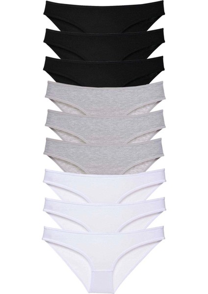 9 Adet Süper Eko Set Likralı Kadın Slip Külot Siyah Gri Beyaz