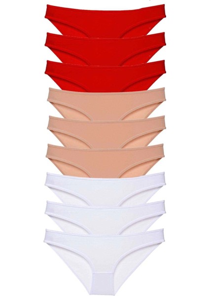 9 Adet Süper Eko Set Likralı Kadın Slip Külot Kırmızı Ten Beyaz
