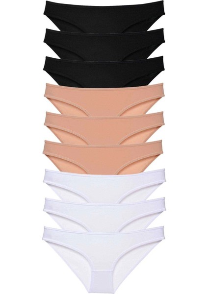9 Adet Süper Eko Set Likralı Kadın Slip Külot Siyah Ten Beyaz