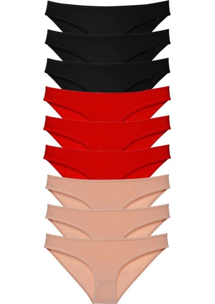 9 Adet Süper Eko Set Likralı Kadın Slip Külot Siyah Kırmızı Ten