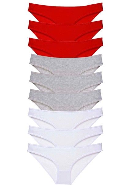 9 Adet Süper Eko Set Likralı Kadın Slip Külot Kırmızı Gri Beyaz