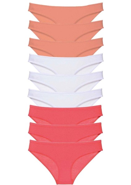 9 Adet Süper Eko Set Likralı Kadın Slip Külot Pudra Beyaz Fuşya