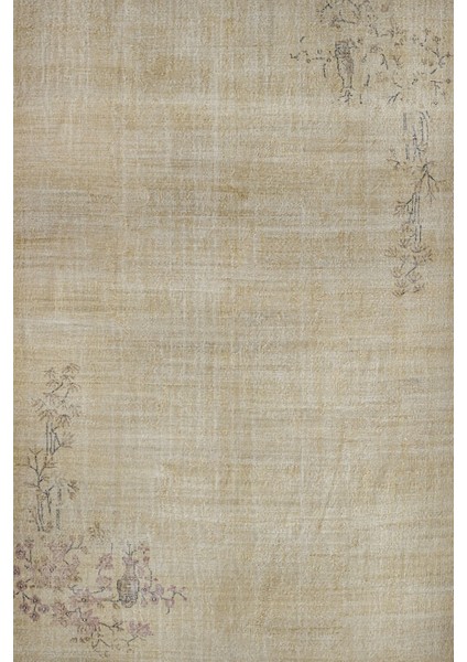 Krem Çiçekli Etnik Modern Desenli Pamuk Makinada Yıkanabilir Hav Toz Vermez Leke Tutmayan Kaymaz Taban Dijital Makine Baskı Salon Yolluk Mutfak Halı