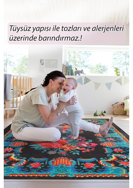 Cala Salada Çiçekli Mavi Polyester Dikdörtgen Modern Desenli Pamuk Makinada Yıkanabilir Hav Toz Vermez Leke Tutmayan Kaymaz Taban Dijital Makine Baskı Salon Yolluk Mutfak Halı modelleri