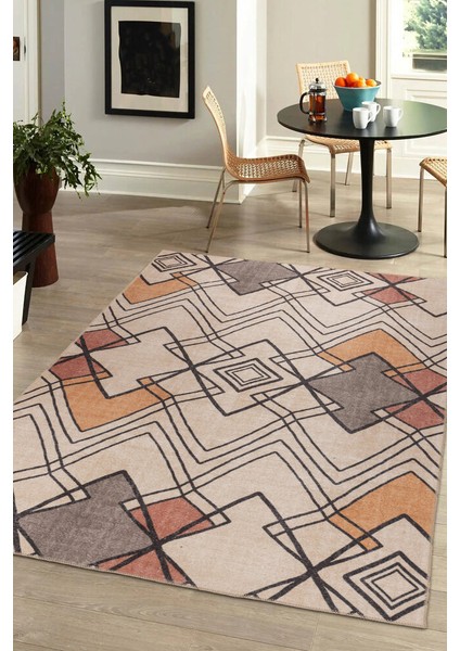 Guincho Geometrik Krem Polyester Dikdörtgen Modern Desenli Pamuk Makinada Yıkanabilir Hav Toz Vermez Leke Tutmayan Kaymaz Taban Dijital Makine Baskı Salon Yolluk Mutfak Halı