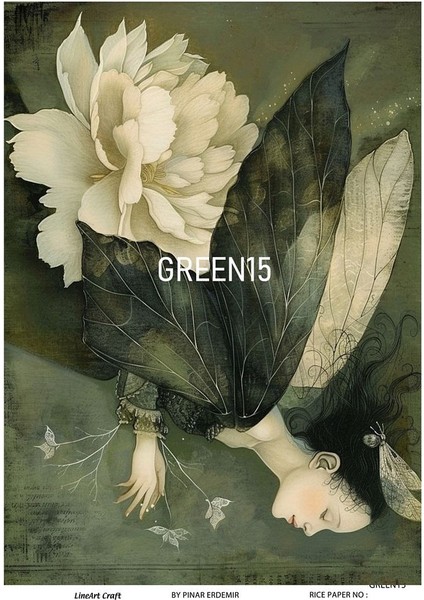 Green Serisi GREEN15 Yeşil, Melek, Çiçek Desenli 30*42 cm Pirinç Dekopaj