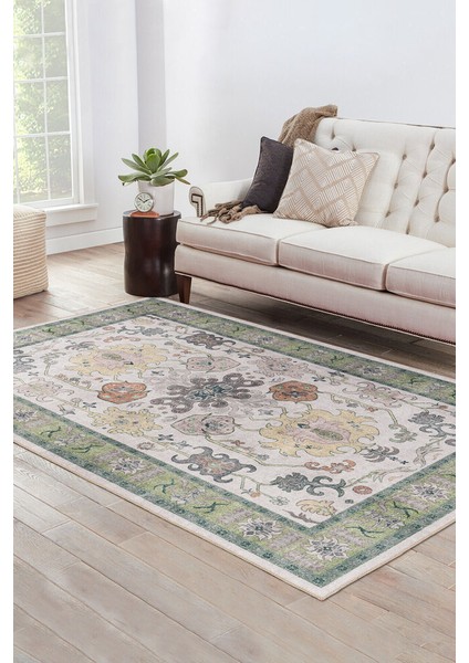 Macarelleta Çerçeveli Yeşil Polyester Kare Modern Desenli Pamuk Makinada Yıkanabilir Hav Toz Vermez Leke Tutmayan Kaymaz Taban Dijital Makine Baskı Salon Yolluk Mutfak Halı