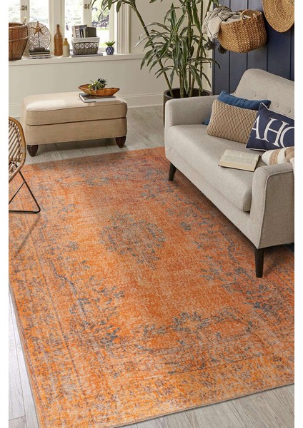 Porthcurno Klasik Turuncu Polyester Kare Modern Desenli Pamuk Makinada Yıkanabilir Hav Toz Vermez Leke Tutmayan Kaymaz Taban Dijital Makine Baskı Salon Yolluk Mutfak Halı