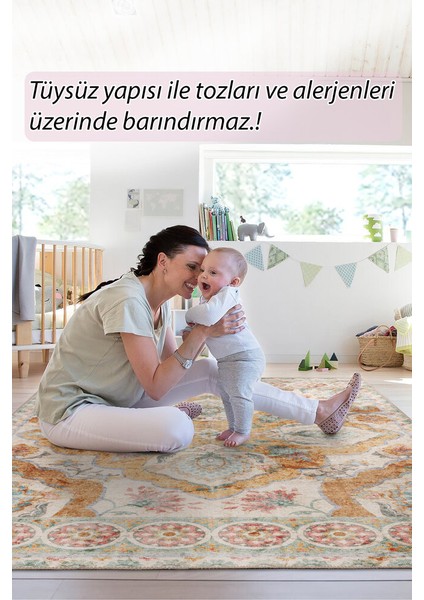 Algarve Klasik Krem Polyester Daire Modern Desenli Pamuk Makinada Yıkanabilir Hav Toz Vermez Leke Tutmayan Kaymaz Taban Dijital Makine Baskı Salon Yolluk Mutfak Halı modelleri