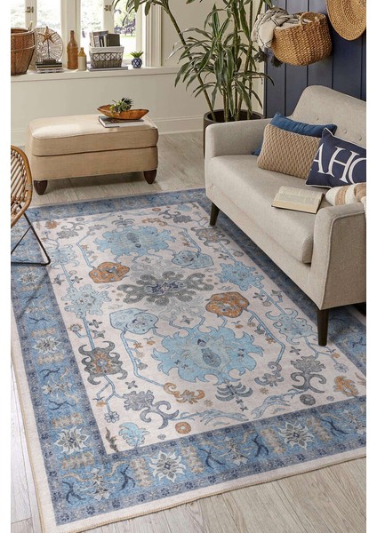 Makarska Çerçeveli Mavi Polyester Daire Modern Desenli Pamuk Makinada Yıkanabilir Hav Toz Vermez Leke Tutmayan Kaymaz Taban Dijital Makine Baskı Salon Yolluk Mutfak Halı