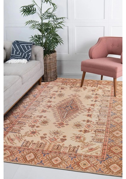 Nacala Klasik Krem Polyester Kare Modern Desenli Pamuk Makinada Yıkanabilir Hav Toz Vermez Leke Tutmayan Kaymaz Taban Dijital Makine Baskı Salon Yolluk Mutfak Halı