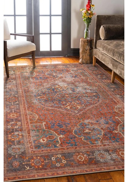 Brighton Klasik Kırmızı Polyester Kare Modern Desenli Pamuk Makinada Yıkanabilir Hav Toz Vermez Leke Tutmayan Kaymaz Taban Dijital Makine Baskı Salon Yolluk Mutfak Halı