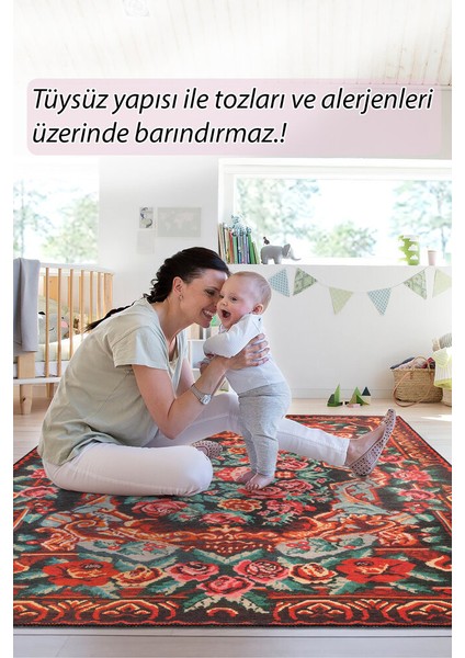 Saumur Çiçekli Kırmızı Polyester Dikdörtgen Modern Desenli Pamuk Makinada Yıkanabilir Hav Toz Vermez Leke Tutmayan Kaymaz Taban Dijital Makine Baskı Salon Yolluk Mutfak Halı modelleri