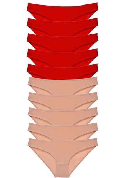 10 Adet Eko Set Likralı Kadın Slip Külot Kırmızı Ten