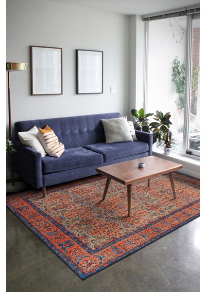 Plettenberg Çerçeveli Turuncu Polyester Kare Modern Desenli Pamuk Makinada Yıkanabilir Hav Toz Vermez Leke Tutmayan Kaymaz Taban Dijital Makine Baskı Salon Yolluk Mutfak Halı