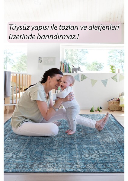 Elafonissi Eskitme Mavi Polyester Dikdörtgen Modern Desenli Pamuk Makinada Yıkanabilir Hav Toz Vermez Leke Tutmayan Kaymaz Taban Dijital Makine Baskı Salon Yolluk Mutfak Halı modelleri