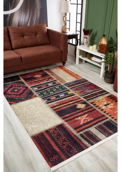 Blonie Bordo Patchwork Etnik Modern Desenli Makinada Yıkanabilir Hav Toz Vermez Leke Tutmayan Kaymaz Taban Dijital Makine Baskı Salon Yolluk Mutfak Halı fiyatları