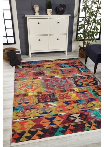 Bilgoraj Turuncu Patchwork Etnik Modern Desenli Makinada Yıkanabilir Hav Toz Vermez Leke Tutmayan Kaymaz Taban Dijital Makine Baskı Salon Yolluk Mutfak Halı fiyatları