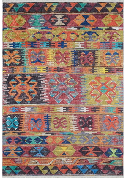 Bilgoraj Turuncu Patchwork Etnik Modern Desenli Pamuk Makinada Yıkanabilir Hav Toz Vermez Leke Tutmayan Kaymaz Taban Dijital Makine Baskı Salon Yolluk Mutfak Halı