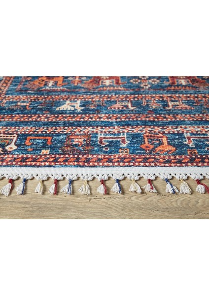 Milakowo Mavi Modern Etnik Desenli Pamuk Makinada Yıkanabilir Hav Toz Vermez Leke Tutmayan Kaymaz Taban Dijital Makine Baskı Salon Yolluk Mutfak Halı indirimleri