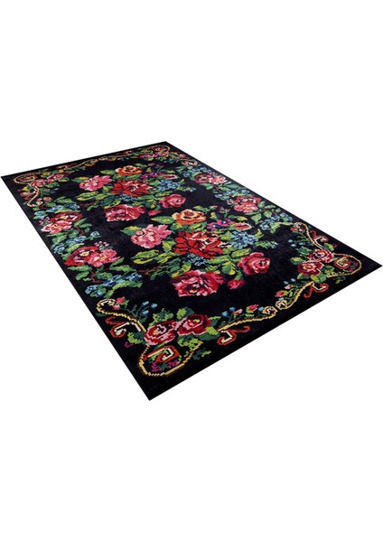 Votkinsk Siyah Çiçekli Etnik Modern Desenli Makinada Yıkanabilir Hav Toz Vermez Leke Tutmayan Kaymaz Taban Dijital Makine Baskı Salon Yolluk Mutfak Halı fiyatları
