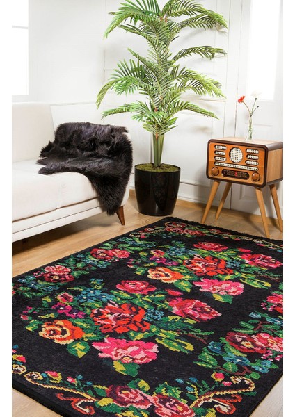 Votkinsk Siyah Çiçekli Etnik Modern Desenli Makinada Yıkanabilir Hav Toz Vermez Leke Tutmayan Kaymaz Taban Dijital Makine Baskı Salon Yolluk Mutfak Halı modelleri