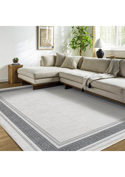 Gri Çerçeveli Etnik Modern Desenli Pamuk Makinada Yıkanabilir Hav Toz Vermez Leke Tutmayan Kaymaz Taban Dijital Makine Baskı Salon Yolluk Mutfak Halı fiyatları