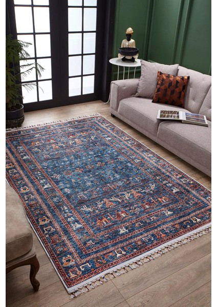 Milakowo Mavi Modern Etnik Desenli Makinada Yıkanabilir Hav Toz Vermez Leke Tutmayan Kaymaz Taban Dijital Makine Baskı Salon Yolluk Mutfak Halı modelleri