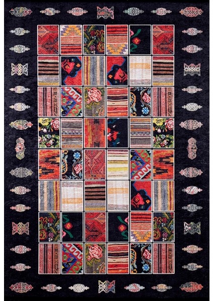 Calgary Siyah Patchwork Etnik Modern Desenli Makinada Yıkanabilir Hav Toz Vermez Leke Tutmayan Kaymaz Taban Dijital Makine Baskı Salon Yolluk Mutfak Halı