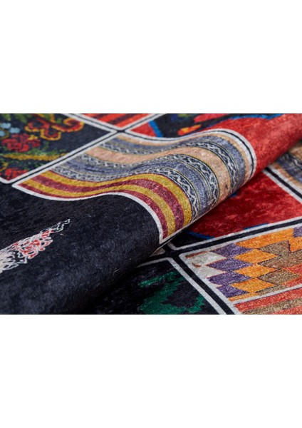 Calgary Siyah Patchwork Etnik Modern Desenli Makinada Yıkanabilir Hav Toz Vermez Leke Tutmayan Kaymaz Taban Dijital Makine Baskı Salon Yolluk Mutfak Halı fiyatları