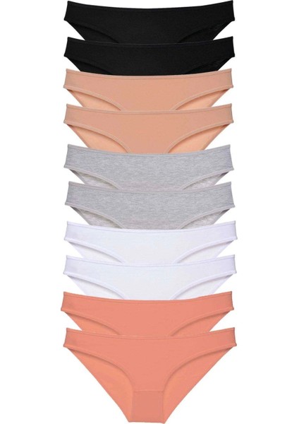 10 Adet Süper Eko Set Likralı Kadın Slip Külot Siyah Ten Gri Beyaz Pudra