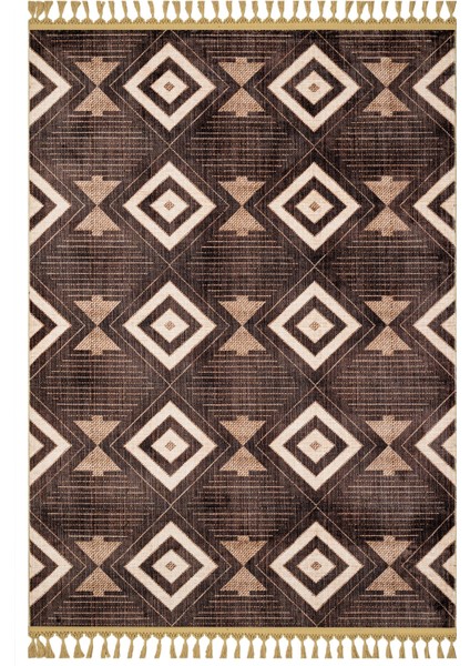 Pratap Kahverengi Geometrik Etnik Modern Desenli Kadife Makinada Yıkanabilir Hav Toz Vermez Leke Tutmayan Kaymaz Taban Dijital Makine Baskı Salon Yolluk Mutfak Halı