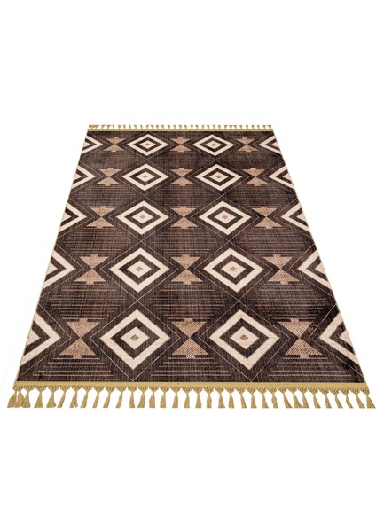 Pratap Kahverengi Geometrik Etnik Modern Desenli Kadife Makinada Yıkanabilir Hav Toz Vermez Leke Tutmayan Kaymaz Taban Dijital Makine Baskı Salon Yolluk Mutfak Halı fiyatları