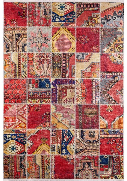 Hudsonville Kırmızı Patchwork Etnik Modern Desenli Makinada Yıkanabilir Hav Toz Vermez Leke Tutmayan Kaymaz Taban Dijital Makine Baskı Salon Yolluk Mutfak Halı