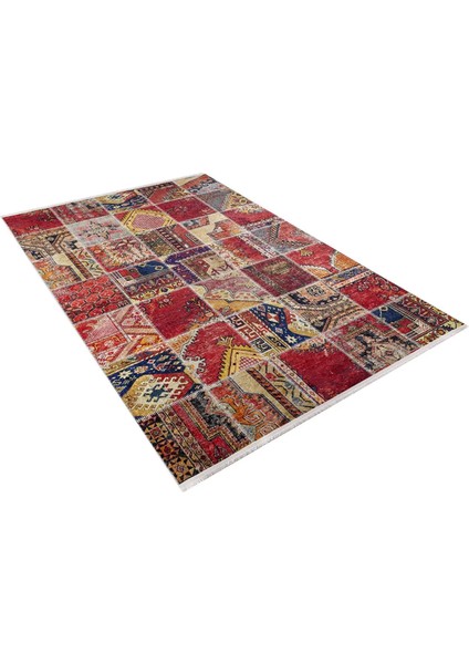 Hudsonville Kırmızı Patchwork Etnik Modern Desenli Makinada Yıkanabilir Hav Toz Vermez Leke Tutmayan Kaymaz Taban Dijital Makine Baskı Salon Yolluk Mutfak Halı fiyatları