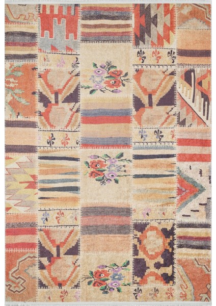 Bielsko Turuncu Patchwork Etnik Modern Desenli Makinada Yıkanabilir Hav Toz Vermez Leke Tutmayan Kaymaz Taban Dijital Makine Baskı Salon Yolluk Mutfak Halı