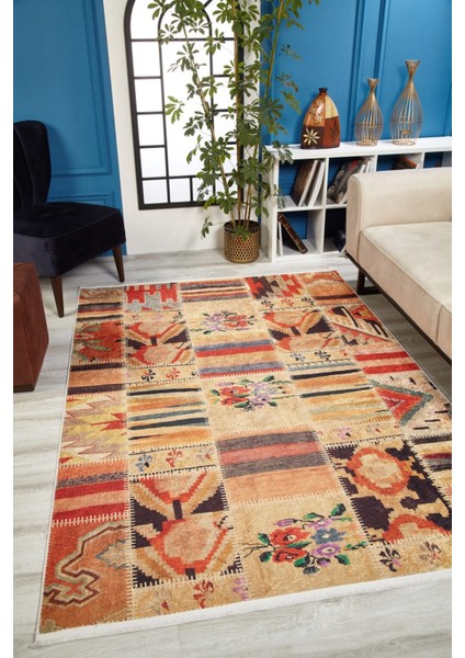 Bielsko Turuncu Patchwork Etnik Modern Desenli Makinada Yıkanabilir Hav Toz Vermez Leke Tutmayan Kaymaz Taban Dijital Makine Baskı Salon Yolluk Mutfak Halı fiyatları