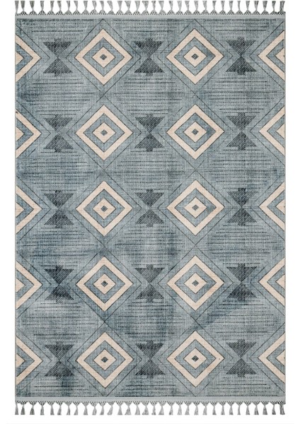 Pritha Mavi Geometrik Etnik Modern Desenli Kadife Makinada Yıkanabilir Hav Toz Vermez Leke Tutmayan Kaymaz Taban Dijital Makine Baskı Salon Yolluk Mutfak Halı