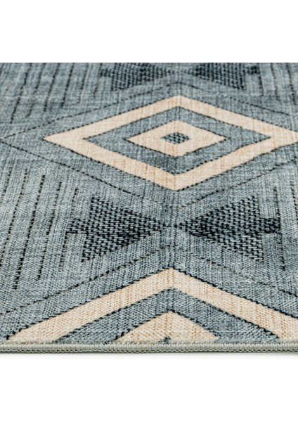 Pritha Mavi Geometrik Etnik Modern Desenli Kadife Makinada Yıkanabilir Hav Toz Vermez Leke Tutmayan Kaymaz Taban Dijital Makine Baskı Salon Yolluk Mutfak Halı modelleri