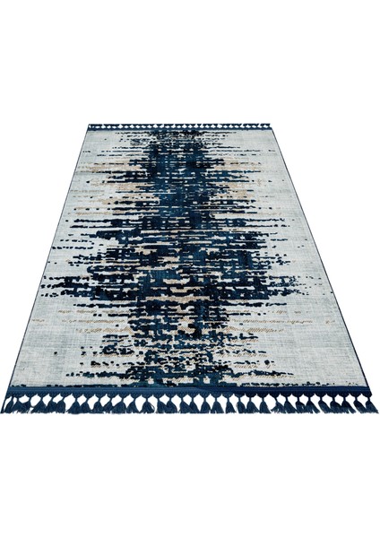 Prakriti Lacivert Modern Etnik Desenli Bambu Makinada Yıkanabilir Hav Toz Vermez Leke Tutmayan Kaymaz Taban Dijital Makine Baskı Salon Yolluk Mutfak Halı fiyatları