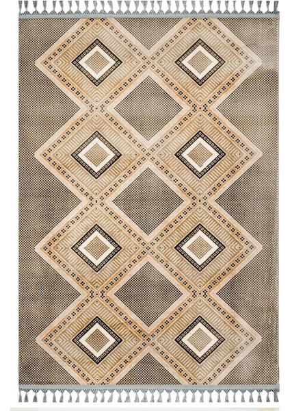 Pranavi Bej Geometrik Etnik Modern Desenli Bambu Makinada Yıkanabilir Hav Toz Vermez Leke Tutmayan Kaymaz Taban Dijital Makine Baskı Salon Yolluk Mutfak Halı