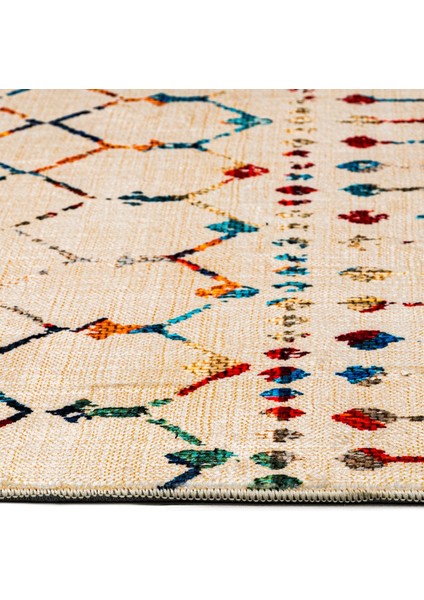 Prachi Bej Modern Etnik Desenli Bambu Makinada Yıkanabilir Hav Toz Vermez Leke Tutmayan Kaymaz Taban Dijital Makine Baskı Salon Yolluk Mutfak Halı modelleri