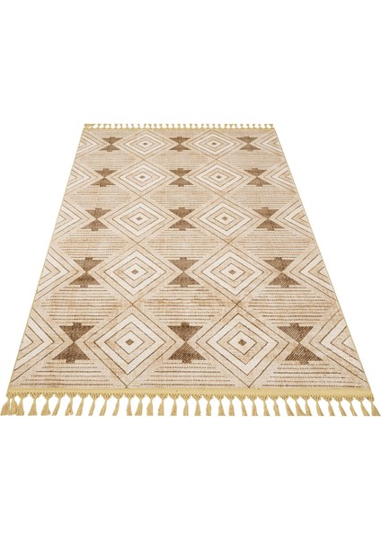 Pratyusha Bej Geometrik Etnik Modern Desenli Kadife Makinada Yıkanabilir Hav Toz Vermez Leke Tutmayan Kaymaz Taban Dijital Makine Baskı Salon Yolluk Mutfak Halı fiyatları