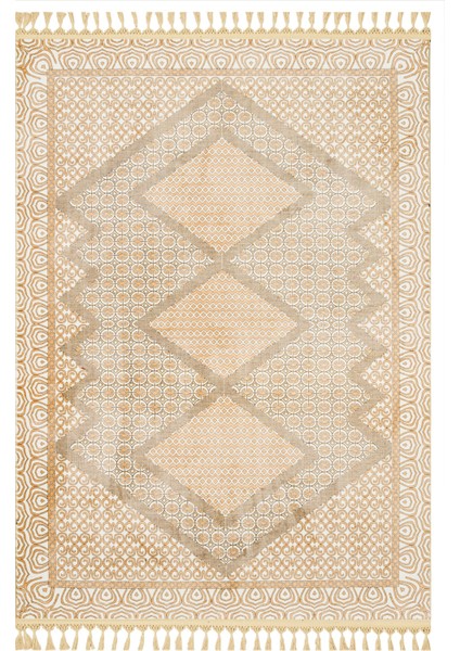 Pranitha Bej Geometrik Etnik Modern Desenli Kadife Makinada Yıkanabilir Hav Toz Vermez Leke Tutmayan Kaymaz Taban Dijital Makine Baskı Salon Yolluk Mutfak Halı