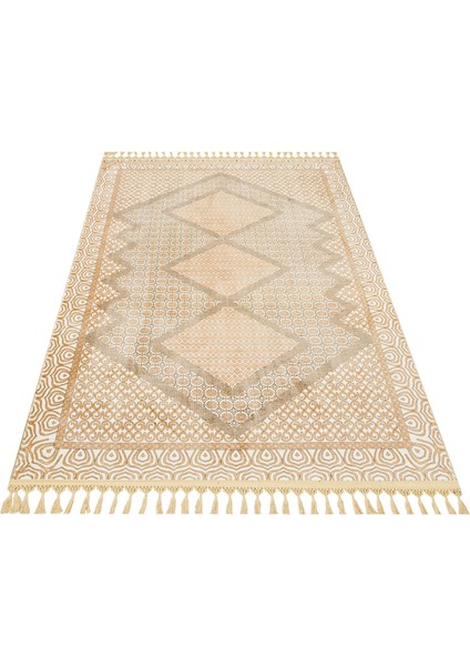 Pranitha Bej Geometrik Etnik Modern Desenli Kadife Makinada Yıkanabilir Hav Toz Vermez Leke Tutmayan Kaymaz Taban Dijital Makine Baskı Salon Yolluk Mutfak Halı fiyatları